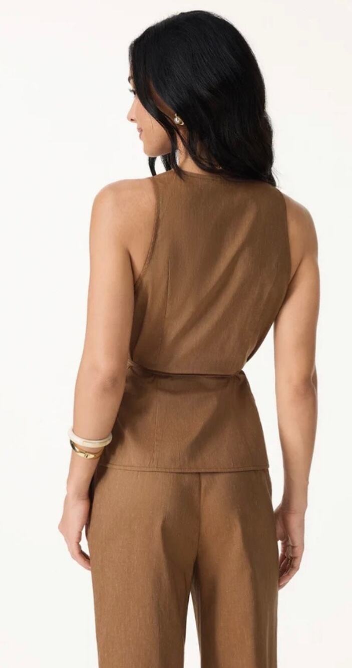 OGLmove Brown V-Neck Tailored Waistcoat Vest Top Tie Back Size Small New NWT